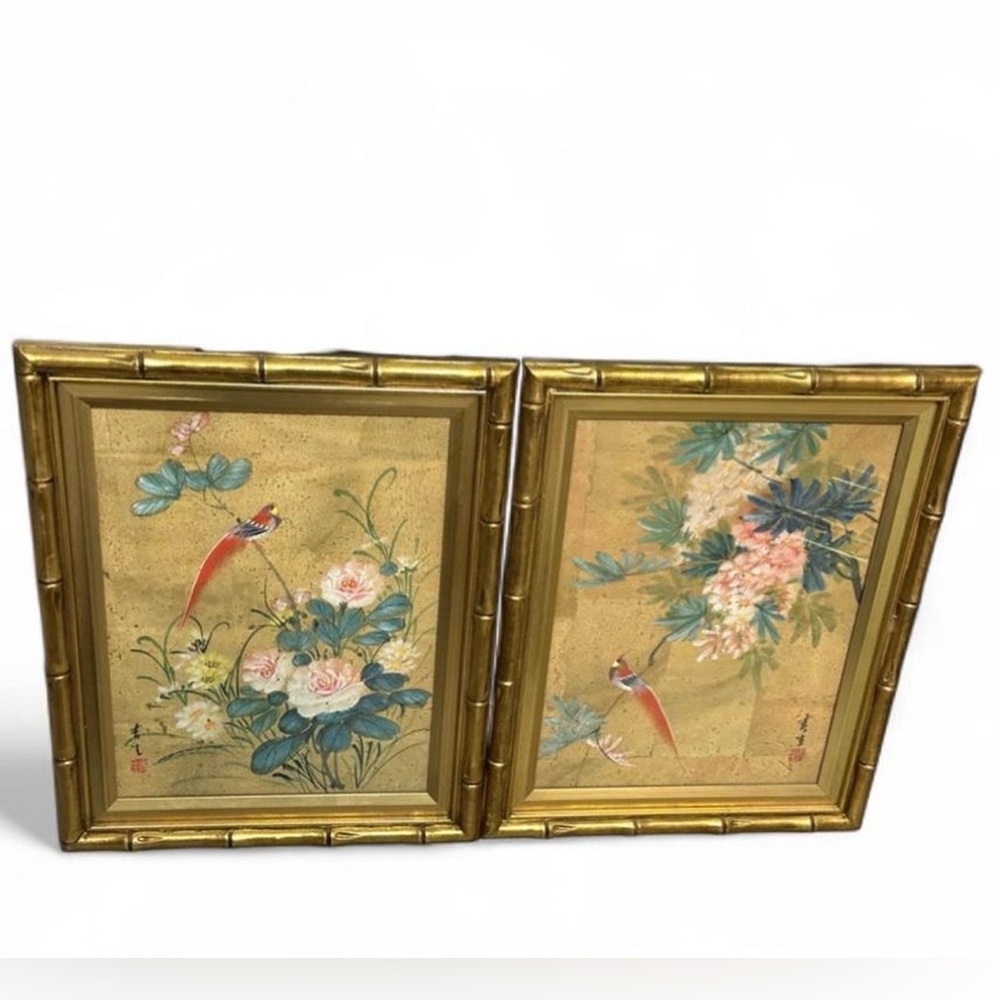 1960s Original FABULOUS Watercolor Painting Cork Paper Bird & Flowers